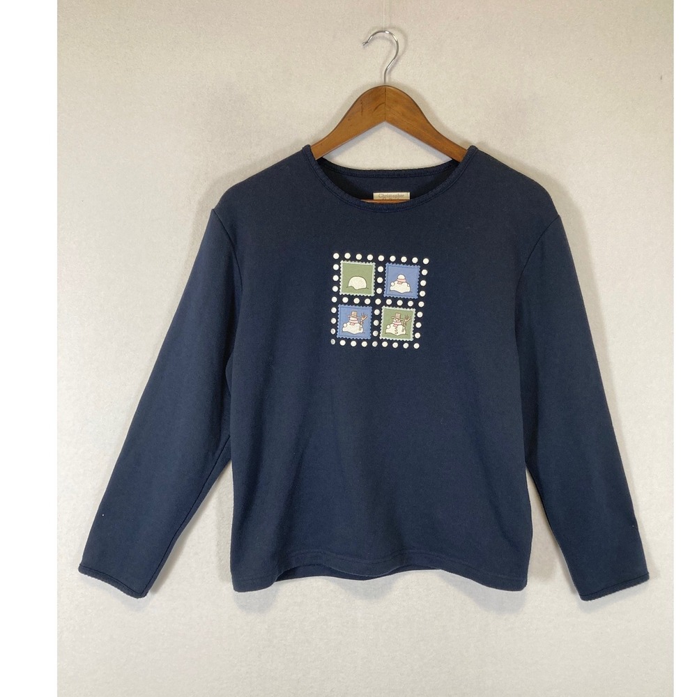 Wintercore Christopher & Banks Women M Navy Blue Snowman Embroidered Sweatshirt